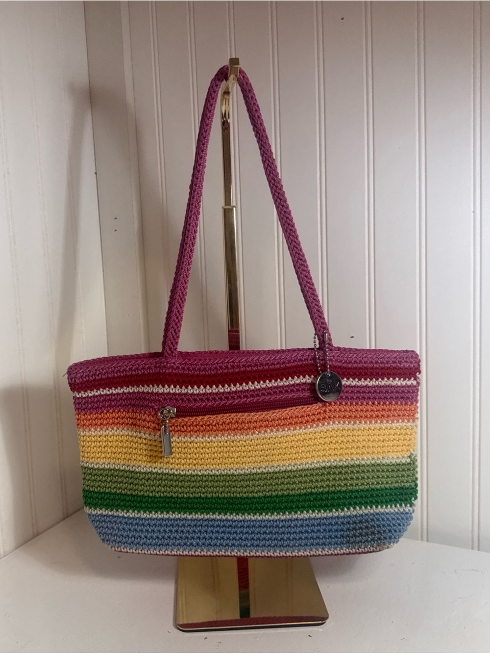 The Sak Casual Classic Pink Rainbow Striped Crochet Shoulder Purse Summer Beach
